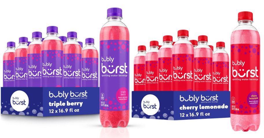 bubly burst 16.9oz Bottle 12-Pack in Triple Berry and cherry lemonade stock photos