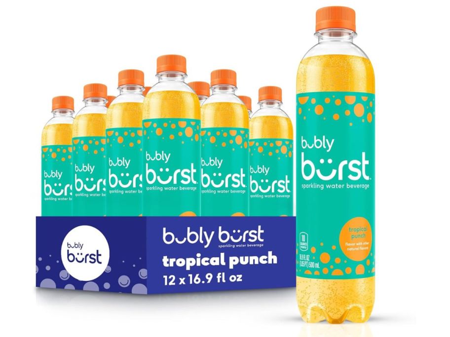 bubly burst 16.9oz Bottle 12-Pack in Tropical Punch stock image