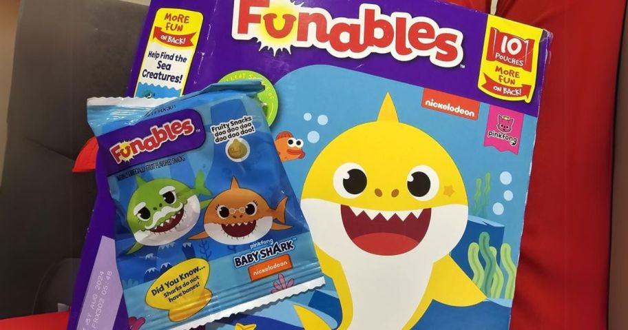 funables baby shark fruit snack pack on top of box