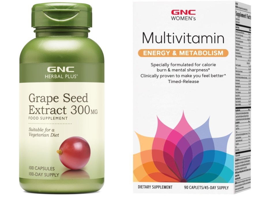 GNC Grape Seed Extract bottle and box of GNC Women's Energy & Metabolism Multivitamins