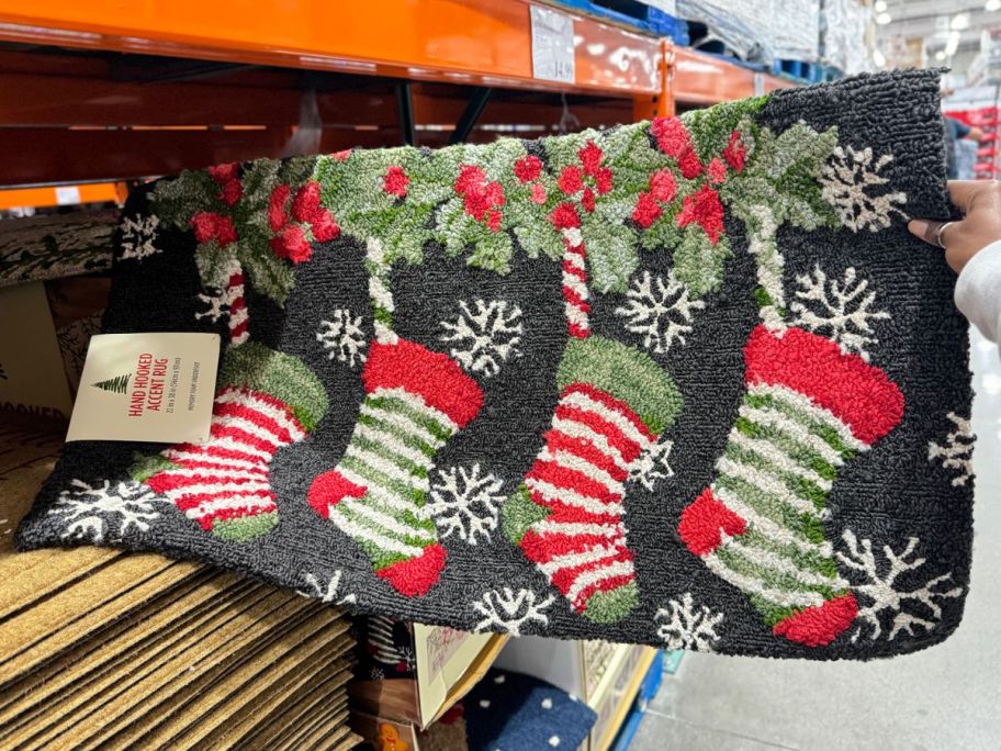 hand hooked Christmas doormat with christmas stockings