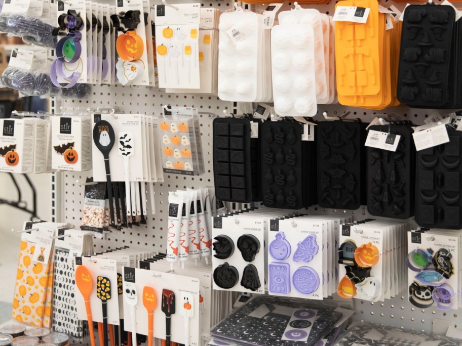 kitchen and baking items in Halloween colors and prints in a store aisle