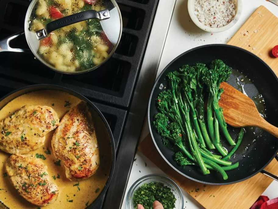 black nonstock cookware set with food on table