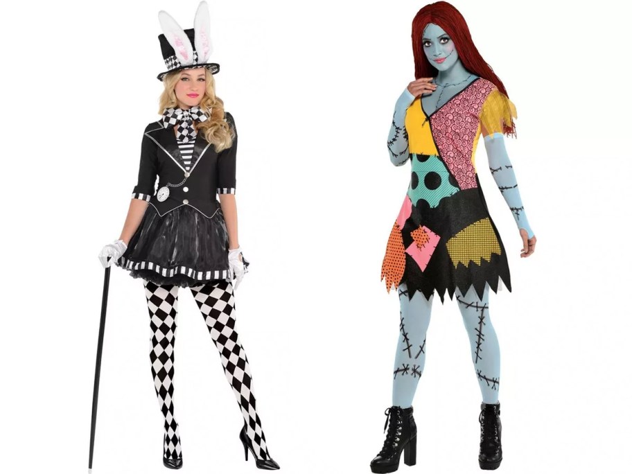 two women wearing mad hatter and sally costumes 