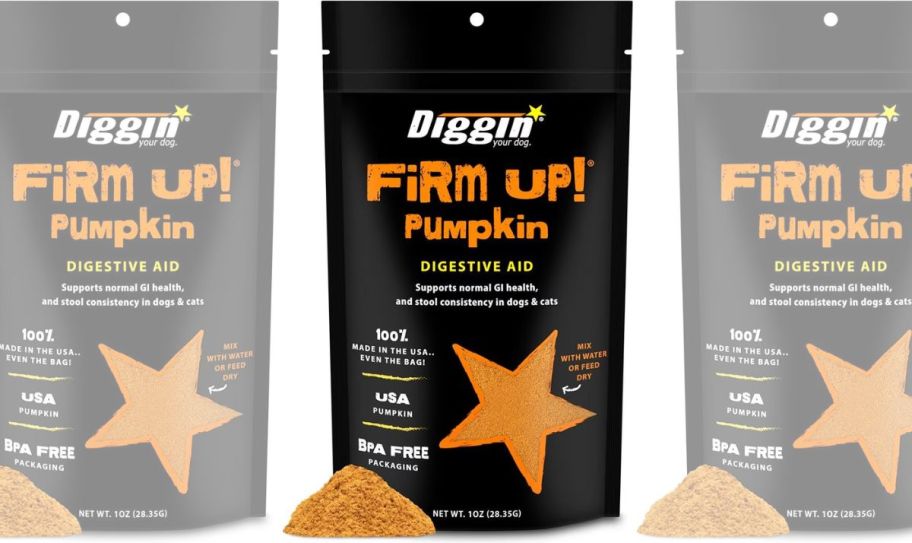 a 1oz bag of pumpkin flavored pet digestive supplement on a wooden counter