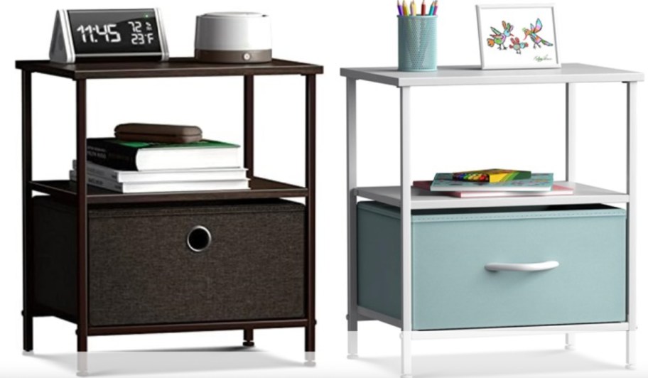 brown and aqua fabric side tables