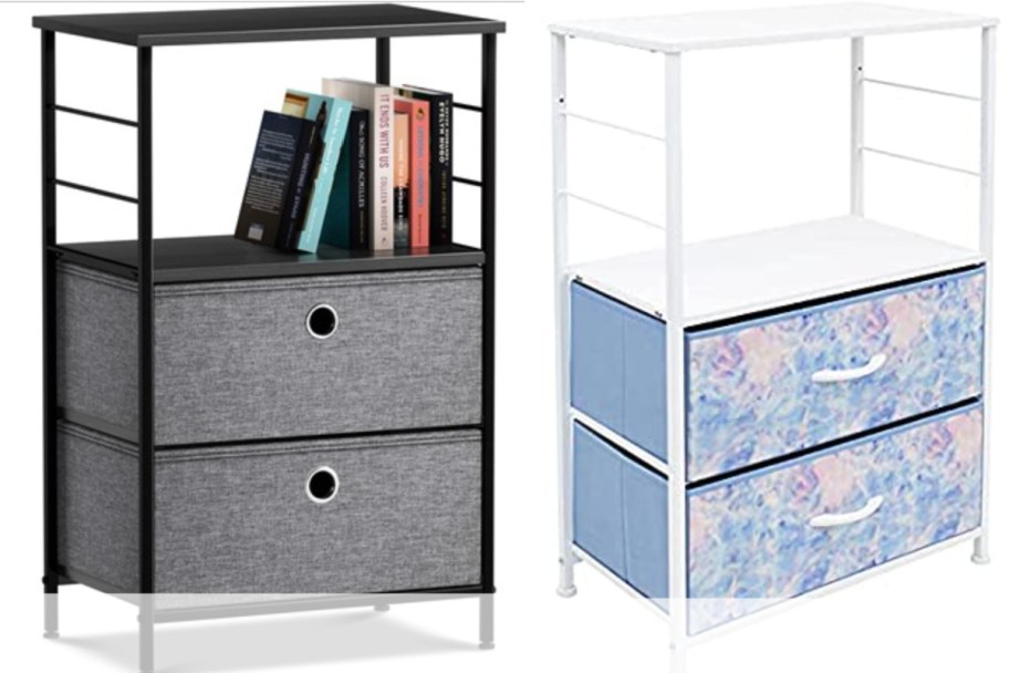 gray and blue floral fabric nightstands