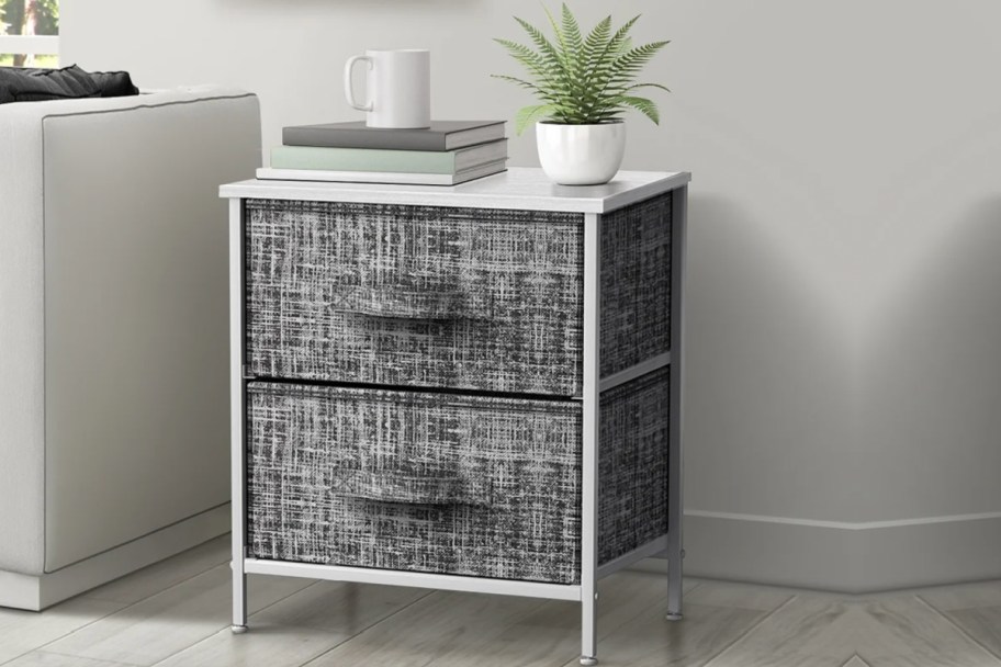white and gray fabric drawer dresser