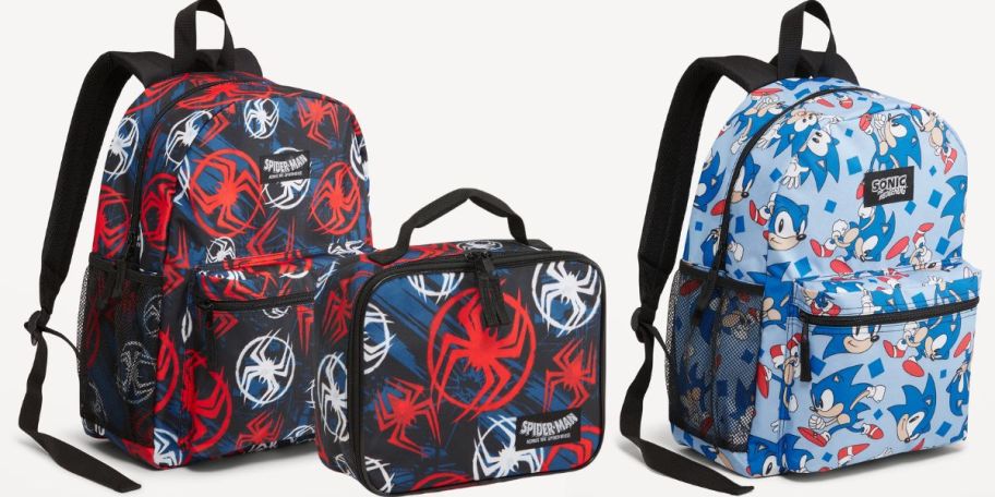 spiderman backpack and lunch bag shown with sonic the hedgehog backpack