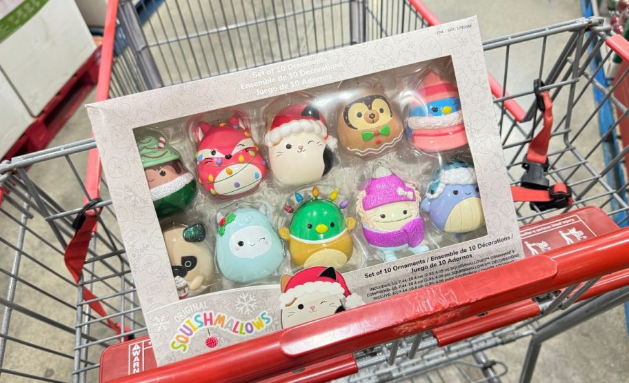 a 10-pack of squishmallows ornaments in a costco shopping cart