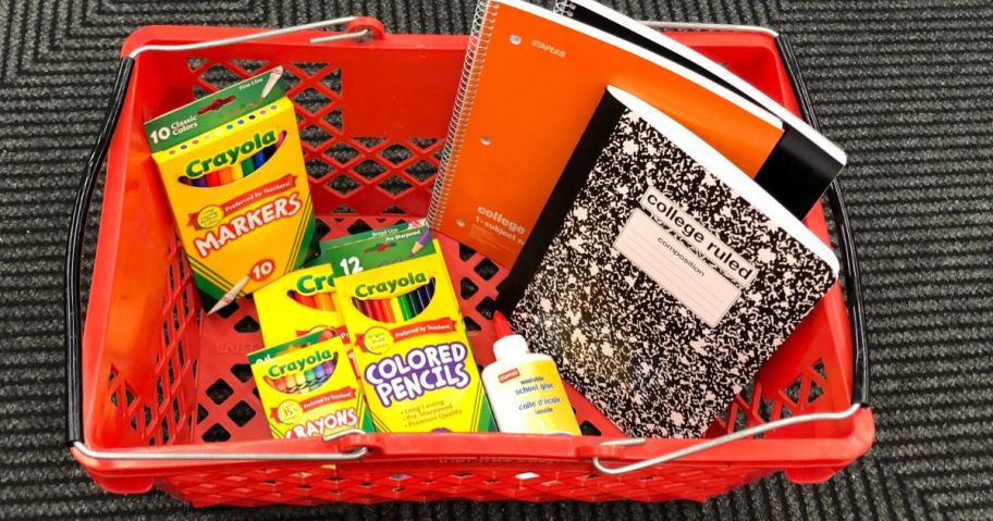 school supplies in store basket