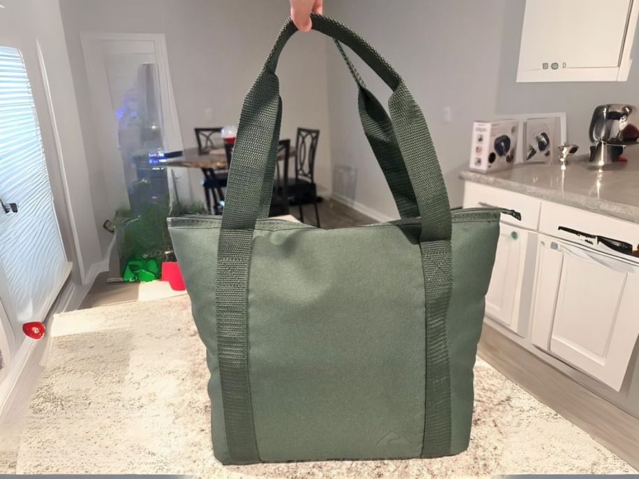 green Ozark Trail 12-Can Soft Cooler Tote on counter