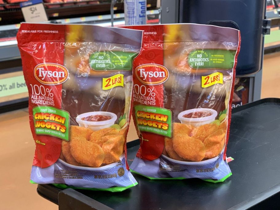 2 Tyson All Natural Frozen Chicken Nuggets 32oz Bags on shelf in store