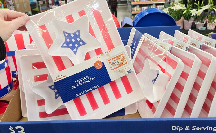hand reaching for patriotic dip and serving tray 