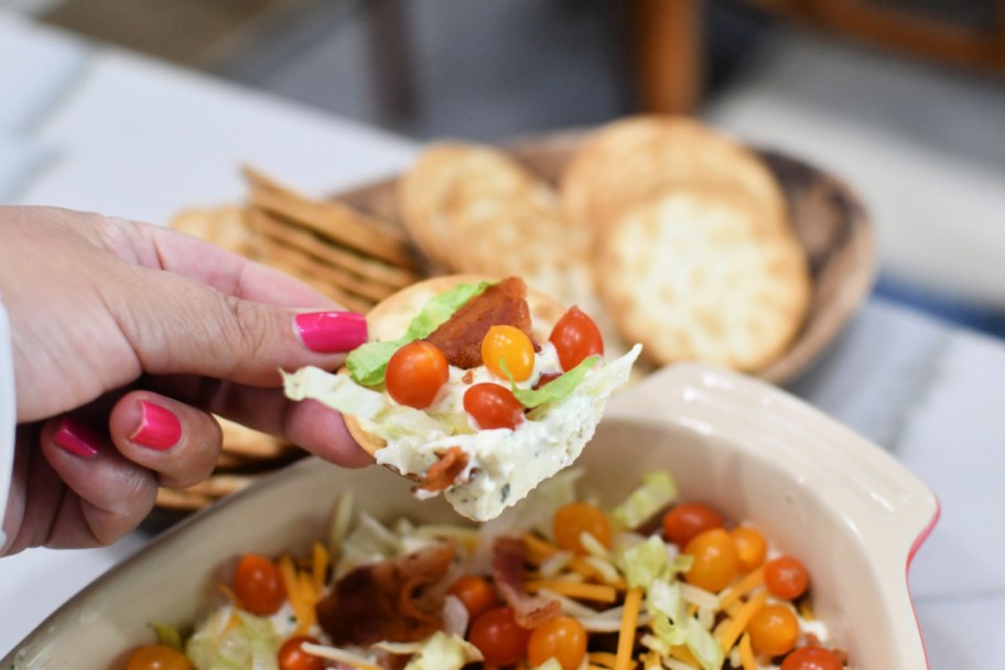 water cracker with blt dip spread on top 