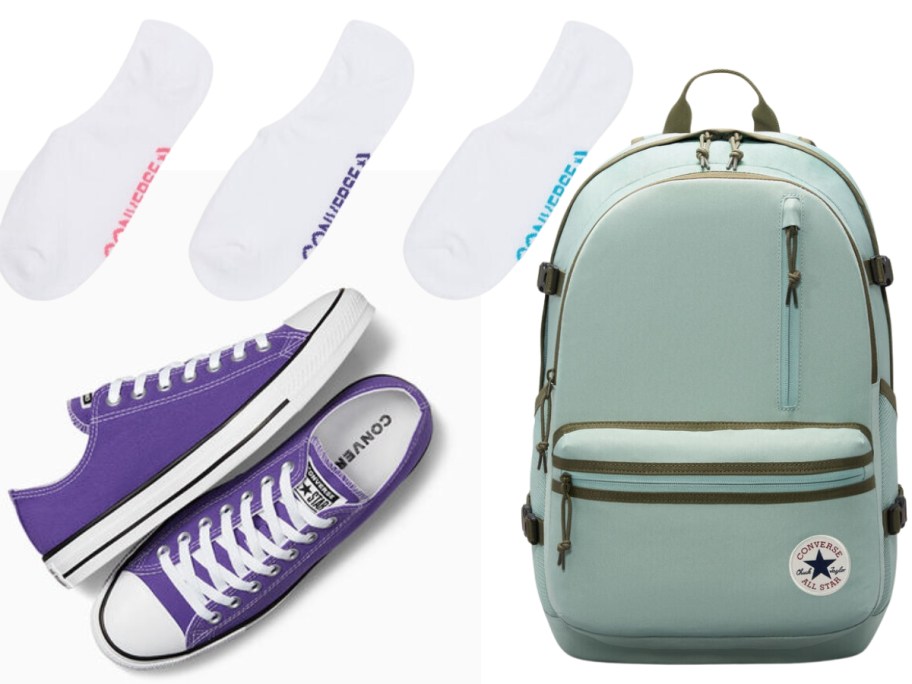 women's purple Converse shoes, 3 white Converse socks and green Converse backpack