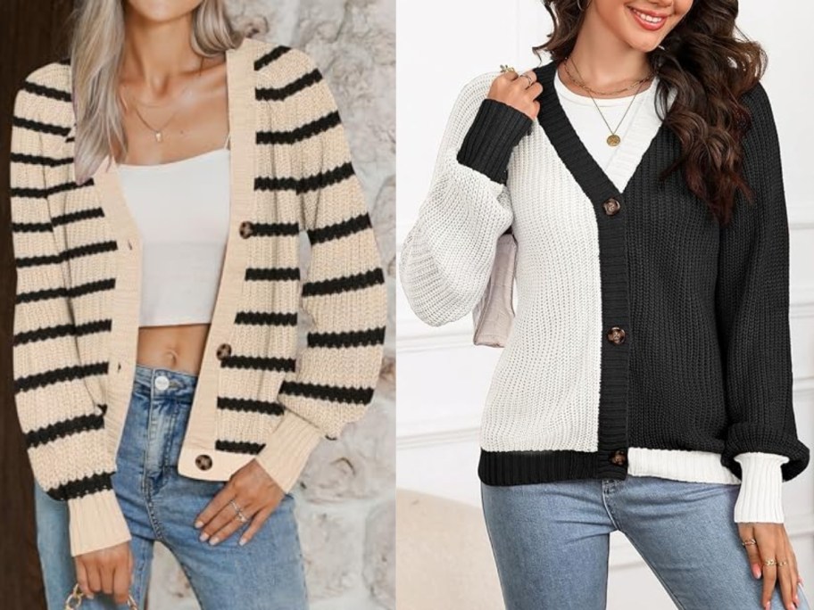 woman waring a tan and black stripe chunky knit button up cardigan with a white crop top and woman wearing a white and black color block chunky knit button up cardigan with a white tee