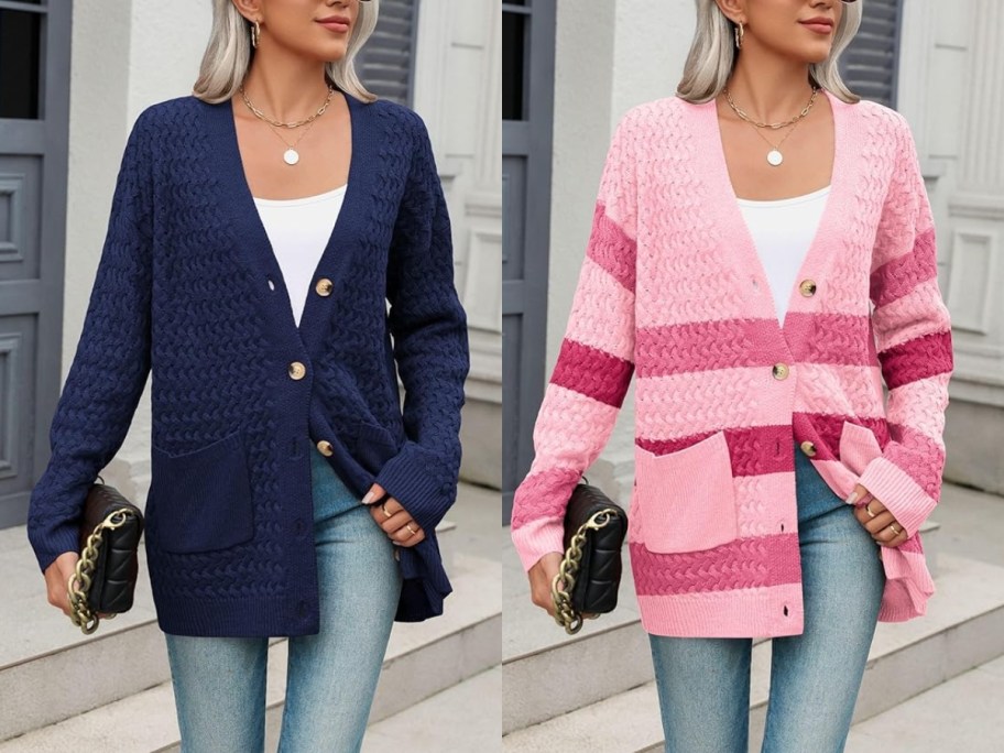 woman wearing a long chunky knit button up navy sweater with a white top and jeans and woman wearing a pink stripe chunky knit button up sweater with a white top and jeans