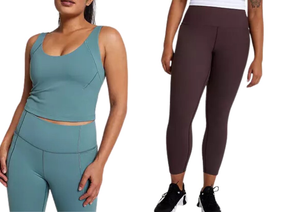 woman wearing a green scoop neck workout tank and leggings, woman wearing dark brown leggings.