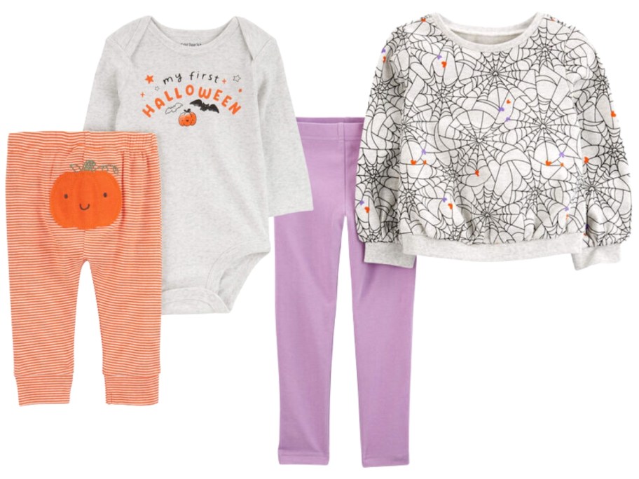 baby's first Halloween onesie and pants with pumpkin, and a toddler top with spiderwebs and purple leggings