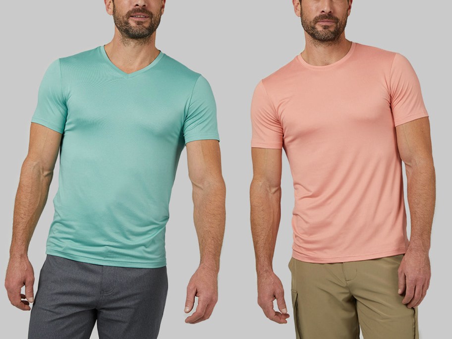 two men wearing teal and peach shirts 