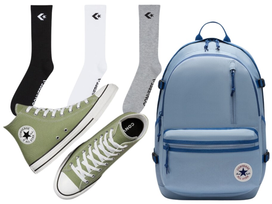 green men's Converse mid top shoes, men's Converse socks and blue Converse backpack