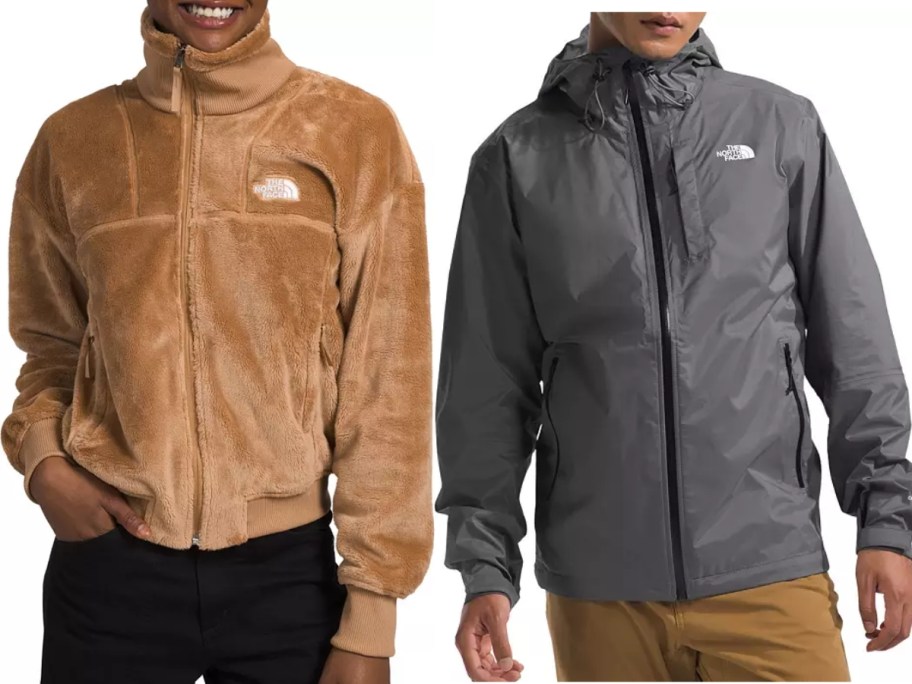 woman wearing a light brown plush The North Face jacket and man wearing a grey The North Face Jacket
