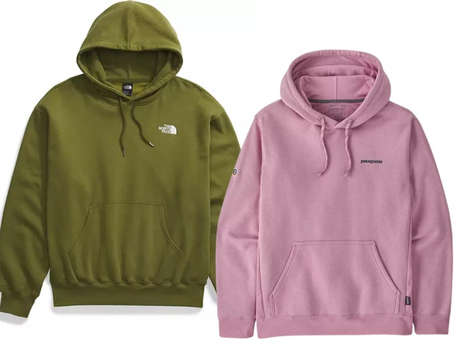 olive green The North Face hoodie and light pink Patagonia hoodie