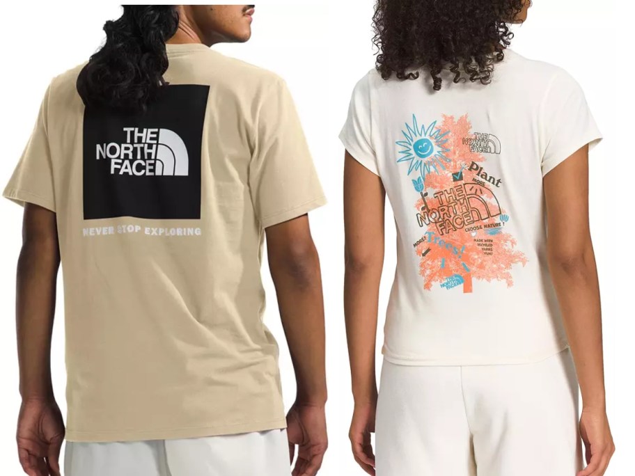 man's back wearing a The North Face logo tshirt in tan and black and woman's back wearing a The North Face t-shirt in white with graphic Earth day design