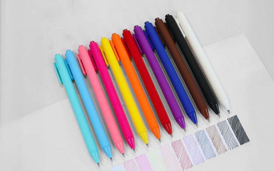  12 pack of pastel colored gel pens on a table tops
