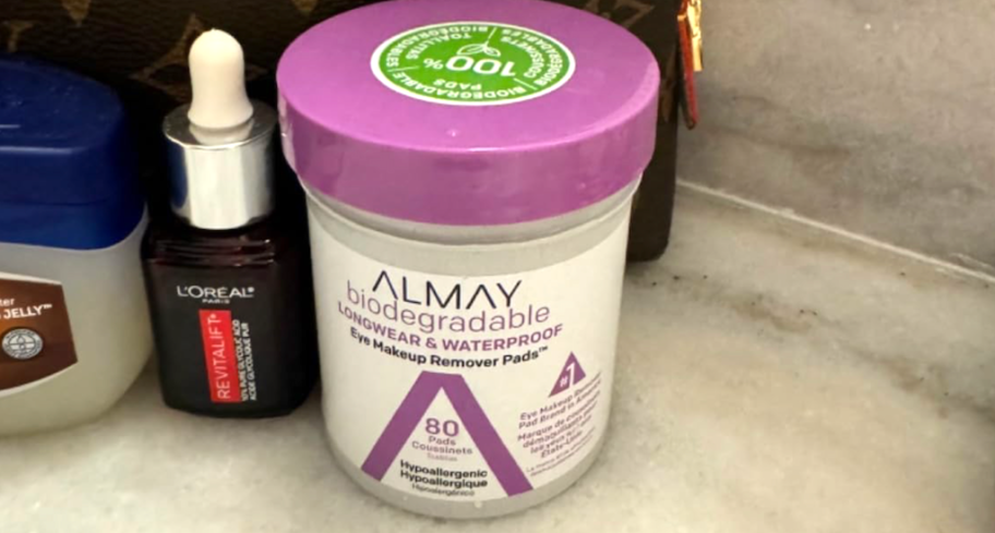 Almay makeup remover pads on counter 