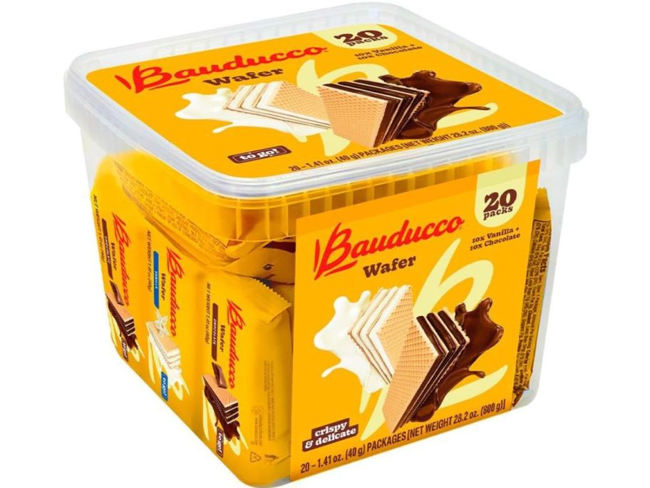 A plastic Tub of Bauducco Individually Wrapped Wafer Cookies