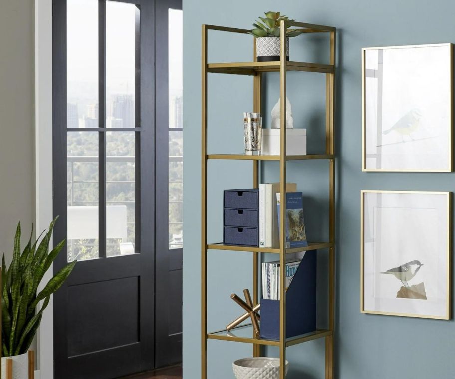 Better Homes & Gardens Nola Narrow Bookcase, Gold Finish 