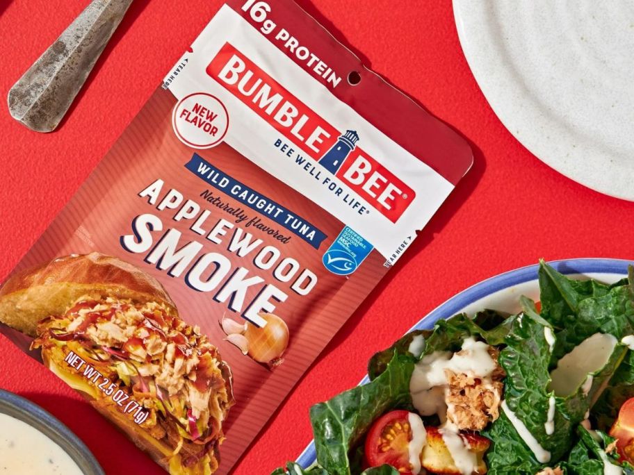 Bumble Bee Applewood Smoke Pouch next to a salad