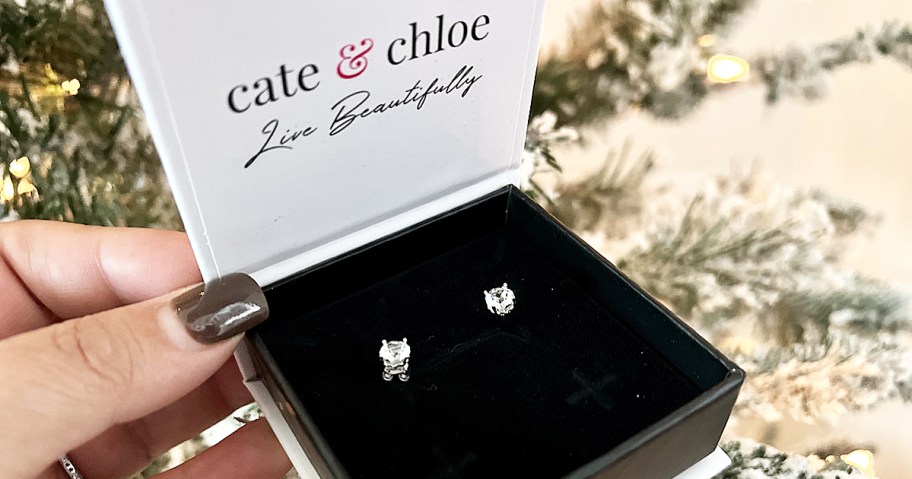 hand holding a set of boxed stud earrings