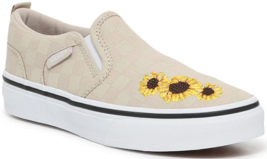 Vans Asher Kids Slip-On Sneaker with sunflower design on the top