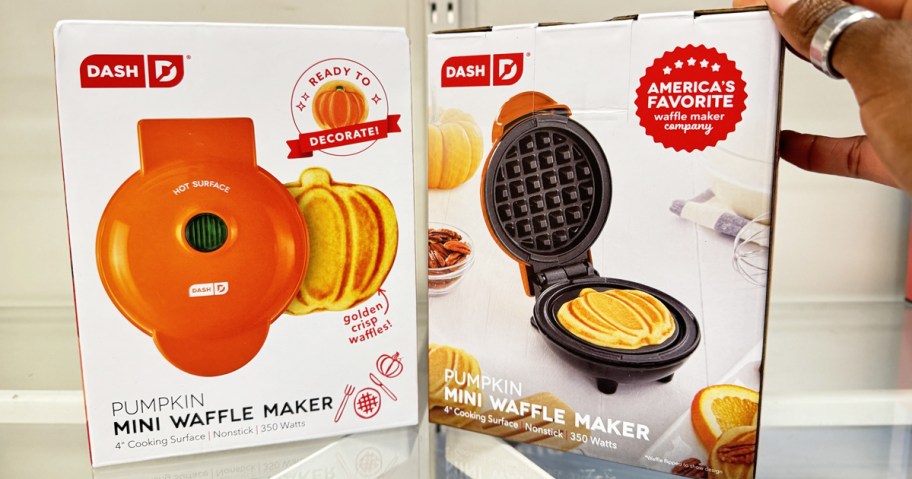 showing front and back of box for the Dash Mini Pumpkin Waffle Maker