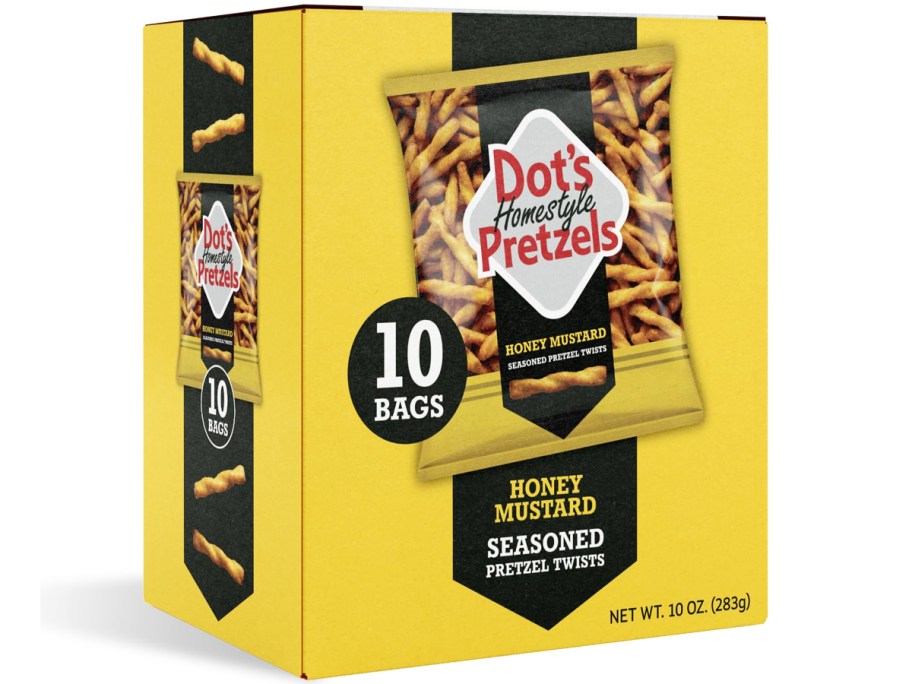 yellow box of individual bags of Dot's Pretzels in honey mustard flavor