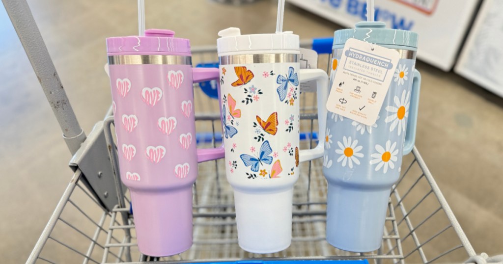 3 tumblers in five below shopping cart with different patterns