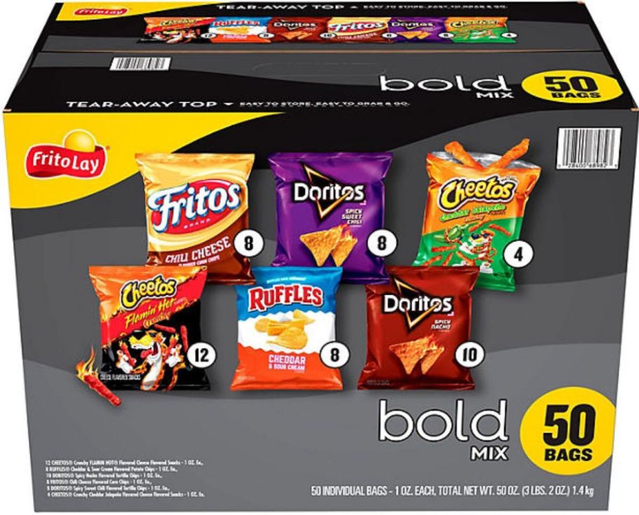 a 50 pack box of frito ay bold mix variety pack