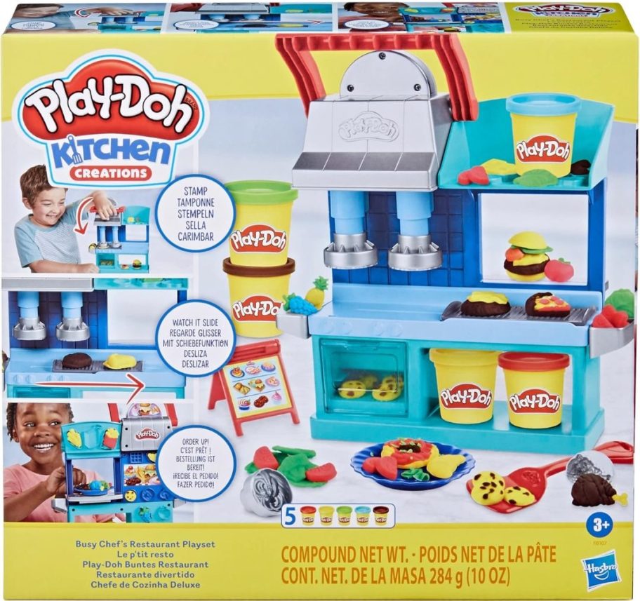 box with a blue Play-Doh Kitchen Creations Busy Chef's Restaurant Playset