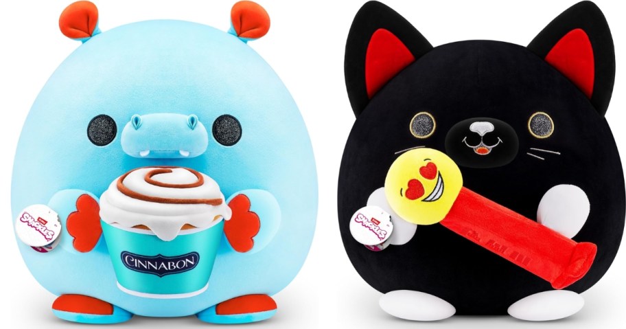 Snackles plush animals Hippo with Cinnabon Cinnamon Cun and black cat with red and yellow Pez dispenser 