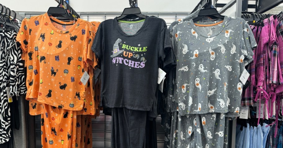 women's Halloween 2 piece jogger set pajamas on a wall display 