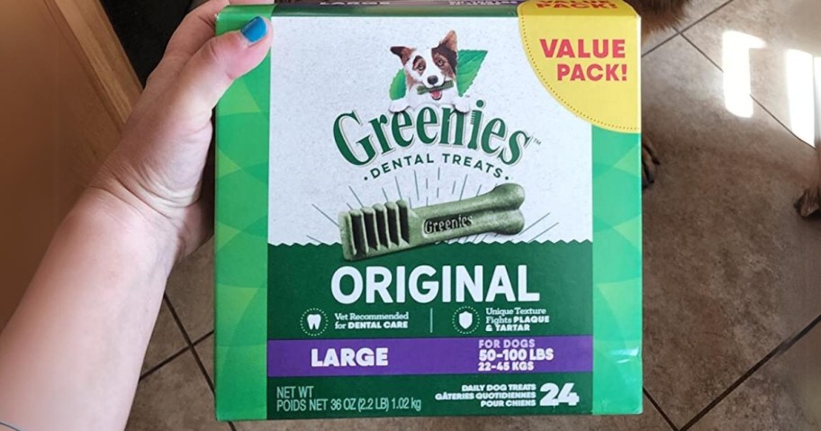 hand holding a large box of Greenies Original Large Natural Dental Care Dog Treats 24-Count