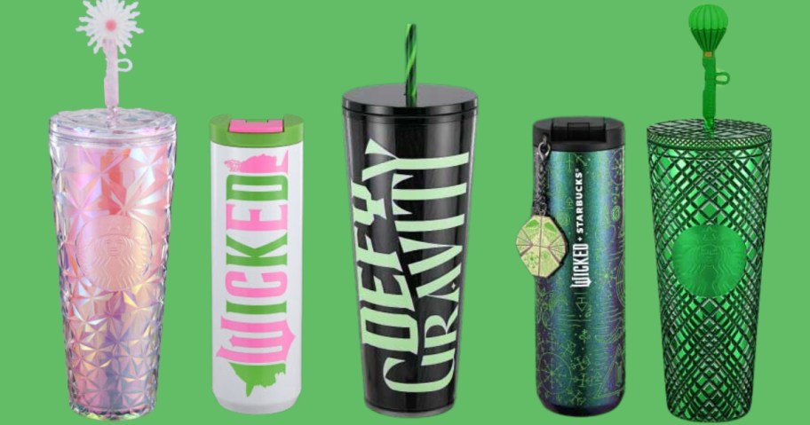 Starbucks Wicked Tumblers in a variety of styles and sizes in pinks and greens themed around the Wicked movie