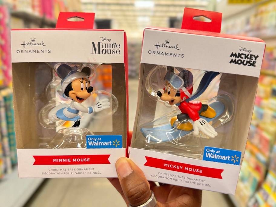 Hallmark Mickey Mouse Snowboarding and Minnie Mouse Ice Skating Ornaments