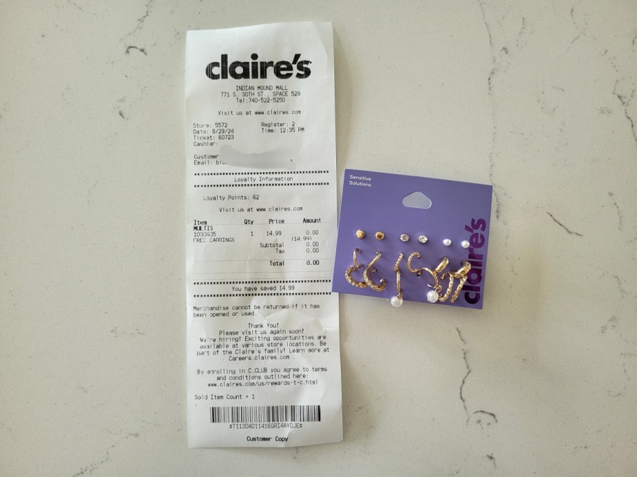 Claire's Earrings and receipt from Happy Friday Reader 