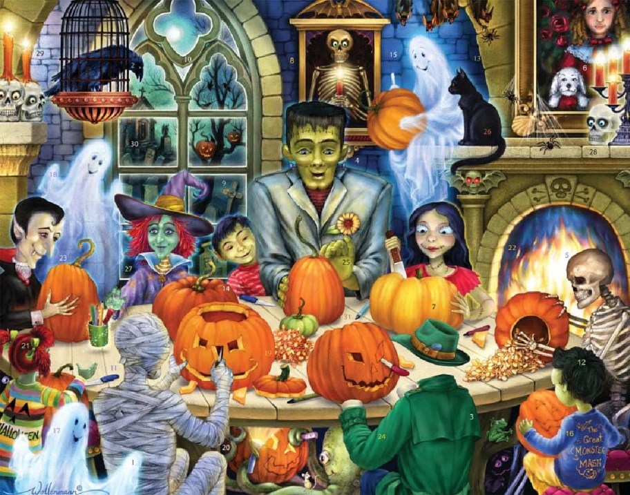 A Halloween countdown calendar featuring a halloween party with monsters carving pumpkins