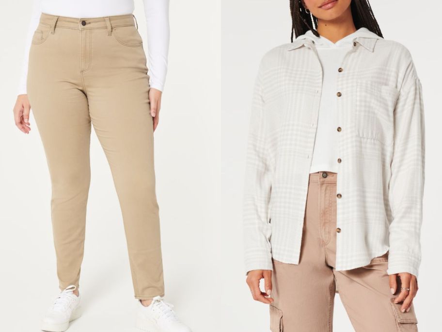 Stock images of two women wearing hollister pants and a flannel shirt