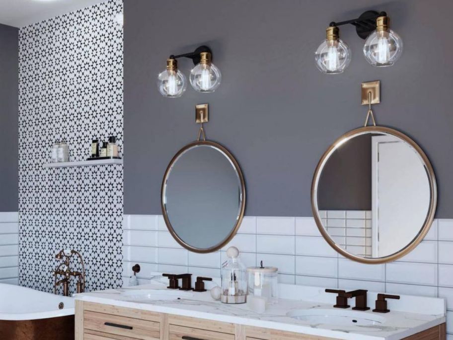 Bathroom with Progress Lighting Hansford Collection Vintage Electric 2-Light Vanity Lights over the mirrors